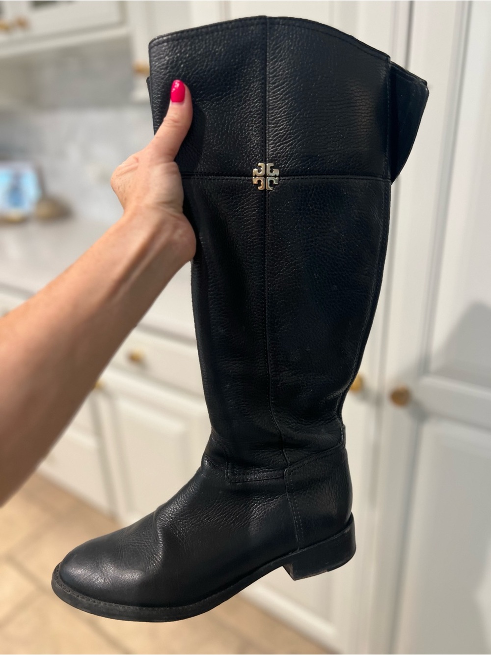 Tory Burch Black Leather Boots with Gold Logo size 7